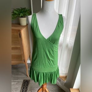 Green Wrap Tank Dress with Pleated Drop Waist by Licorice